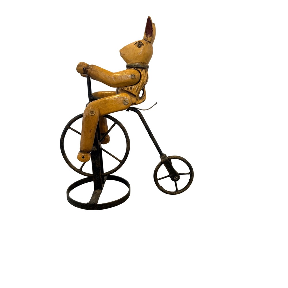 Unbranded Vintage Rabbit on Bicycle Figurine OS Brown Wood Metal Folk Art